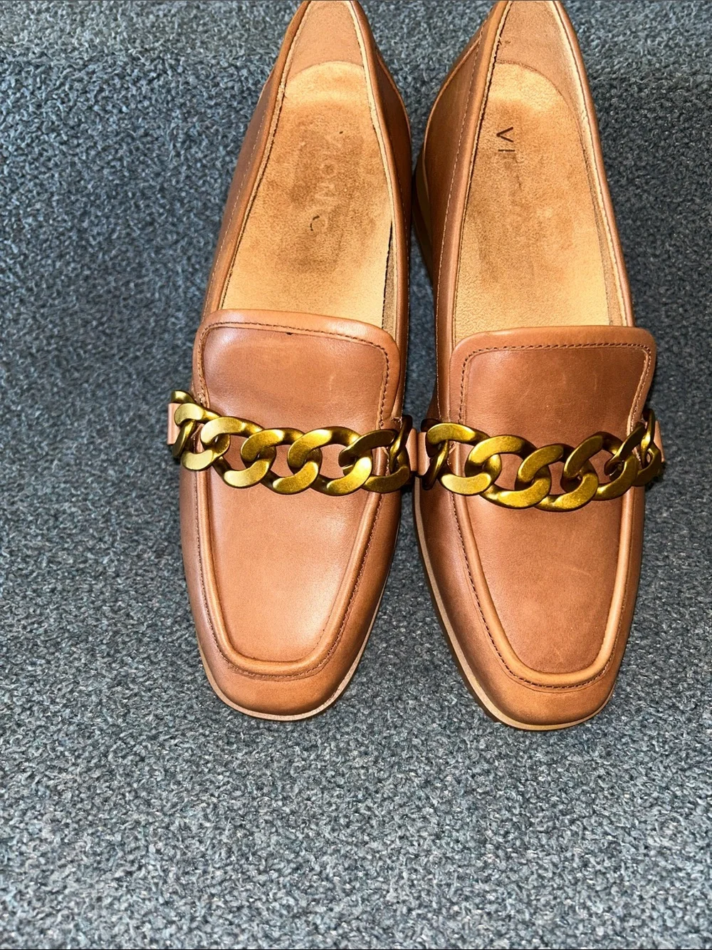 Vionic Brown Leather Loafers with Gold Chain Accent